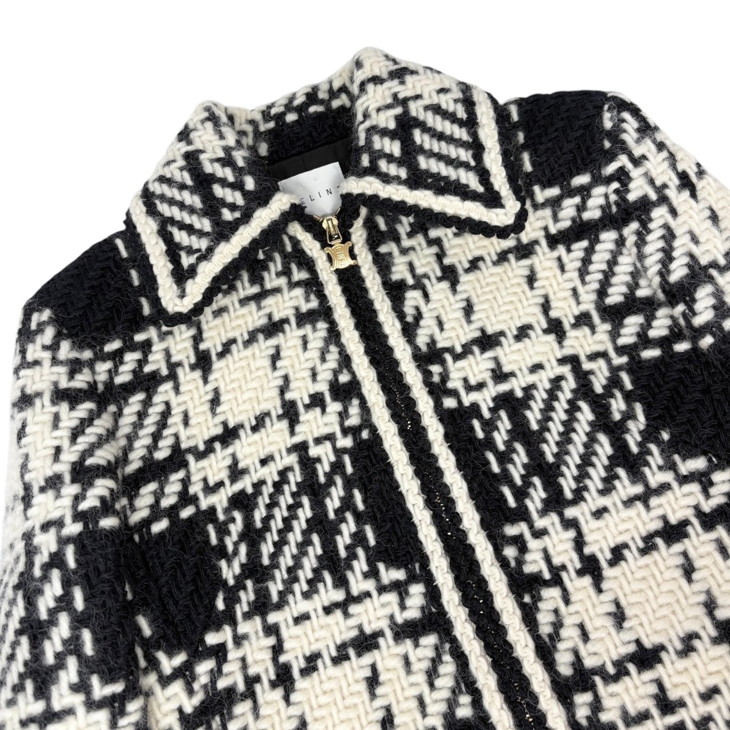 CELINE Vintage Tweed Long Jacket Coat #40 Wool Cashmere White Black
