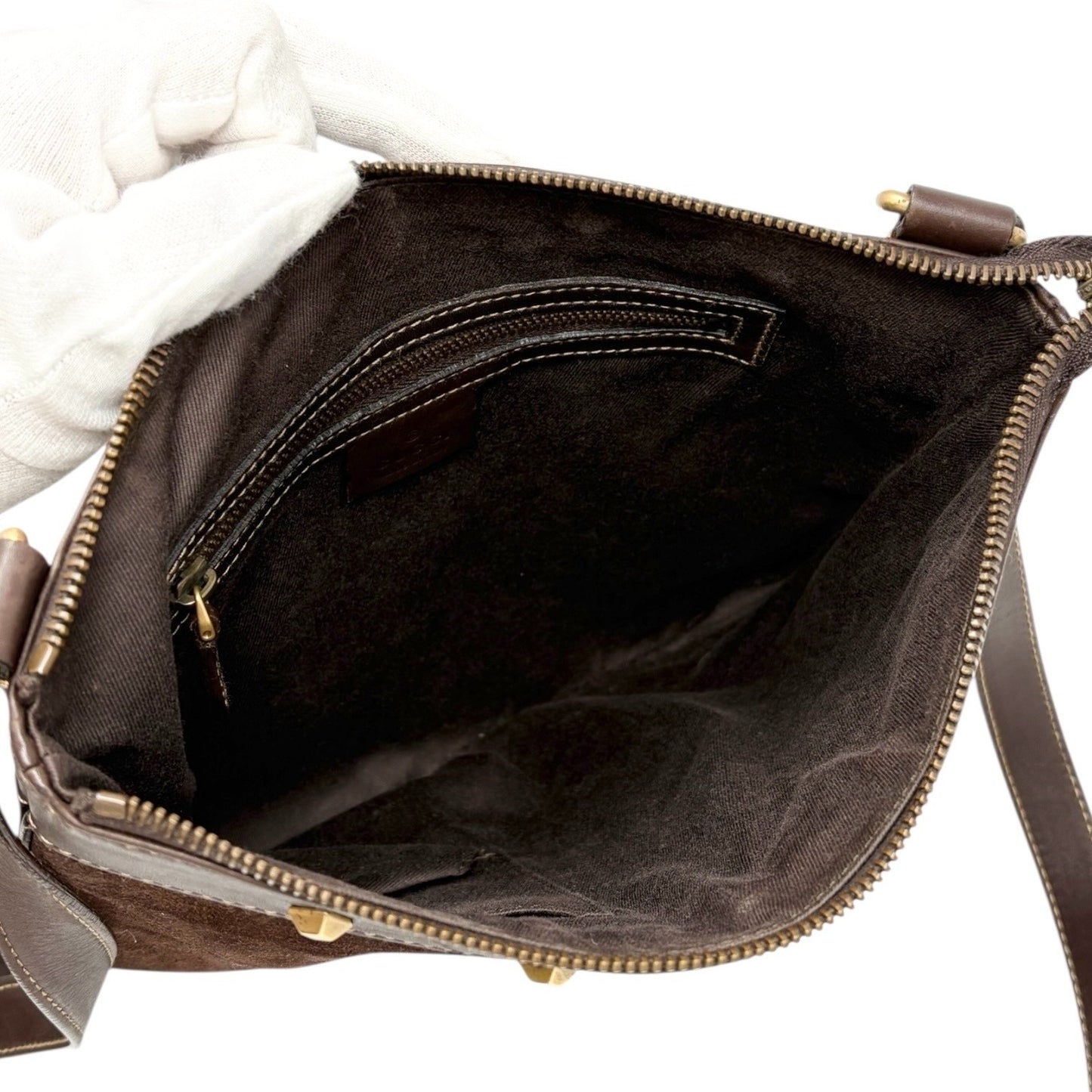 GUCCI Vintage GG Monogram Crossbody Bag Brown Gold Suede Canvas Studs Nailhead