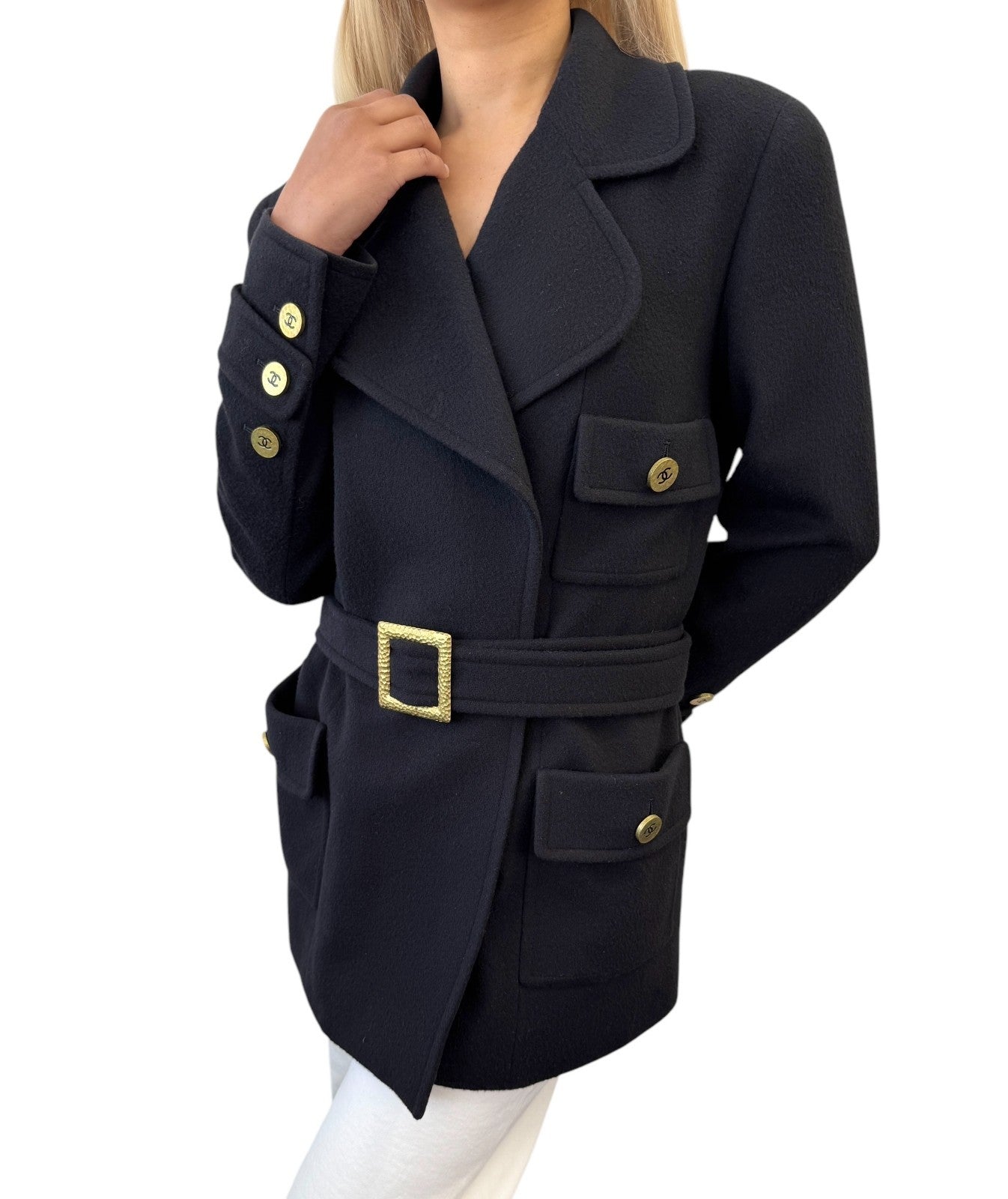 CHANEL Vintage CC Logo Button Cashmere Coat Jacket Belt Black Gold