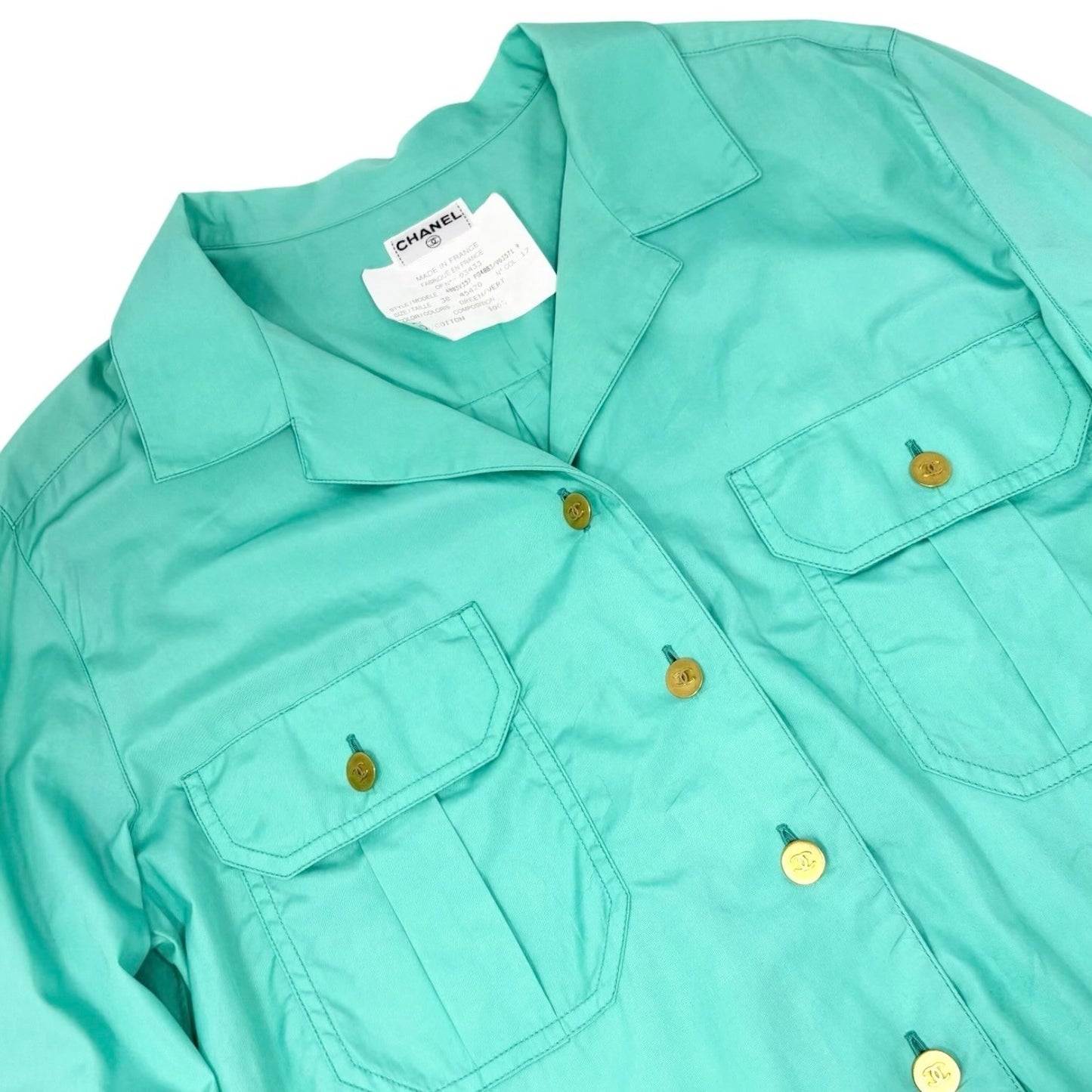 CHANEL Vintage PO4883 CC Logo Shirt Top #38 Button Light Green Gold 902593