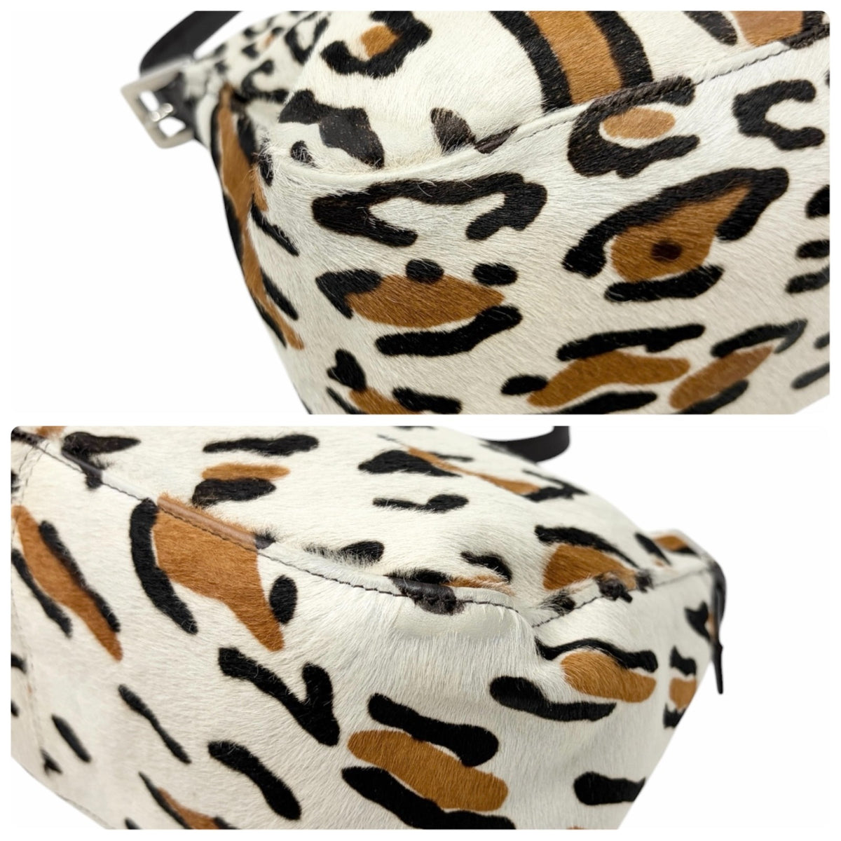 FENDI Vintage FF Leopard Mamma Baguette Bag Pony Calf Hair Ivory Brown 902818
