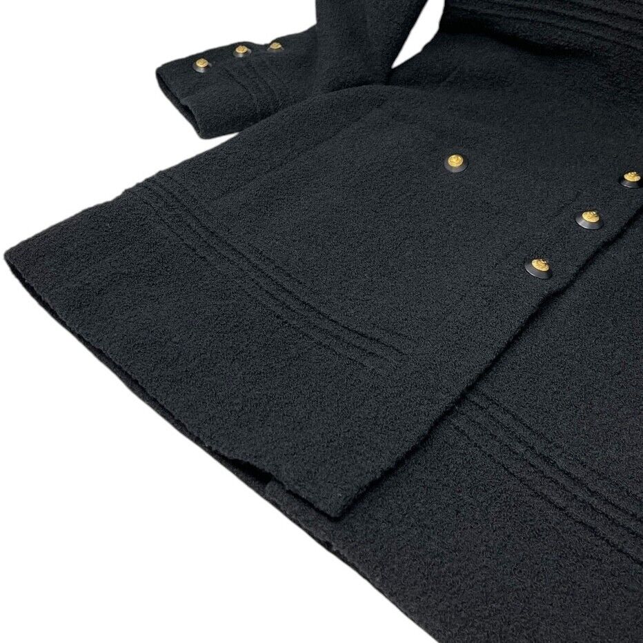 CHANEL Vintage CC Logo Long Tweed Jacket #M Coat Black Gold Wool Silk Button