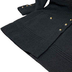 CHANEL Vintage CC Logo Long Tweed Jacket #M Coat Black Gold Wool Silk Button