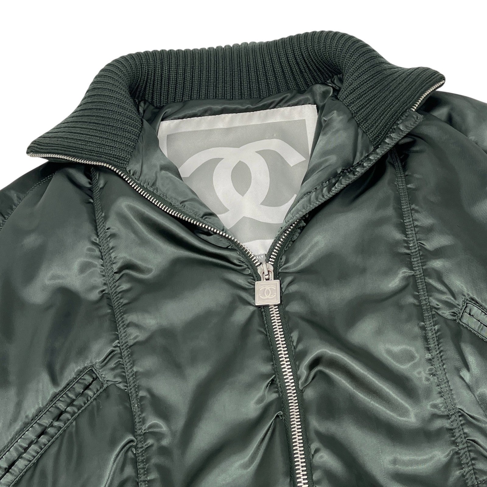 CHANEL Sport Vintage 03A CC Logo Nylon Jacket #38 Rib Knit Zip Green Silver