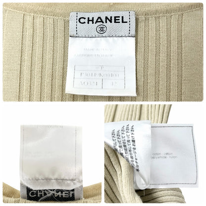 CHANEL Vintage 07P CC Logo Button Rib Knit Top #42 Cotton Beige Gold 106913