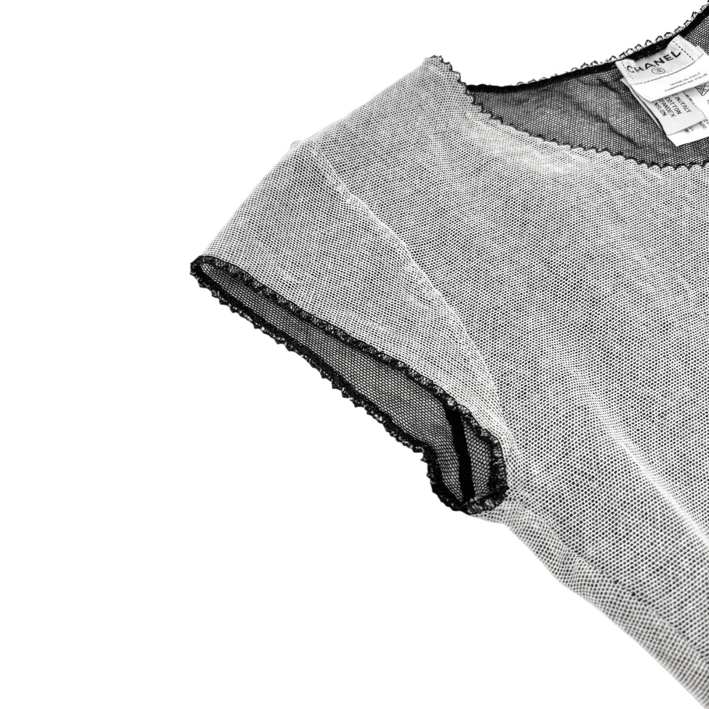 CHANEL Vintage 04P CC Logo Mesh Top #34 Cotton Spandex White Black Short Sleeve