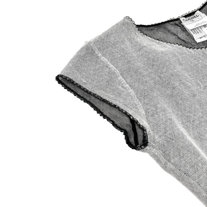CHANEL Vintage 04P CC Logo Mesh Top #34 Cotton Spandex White Black Short Sleeve