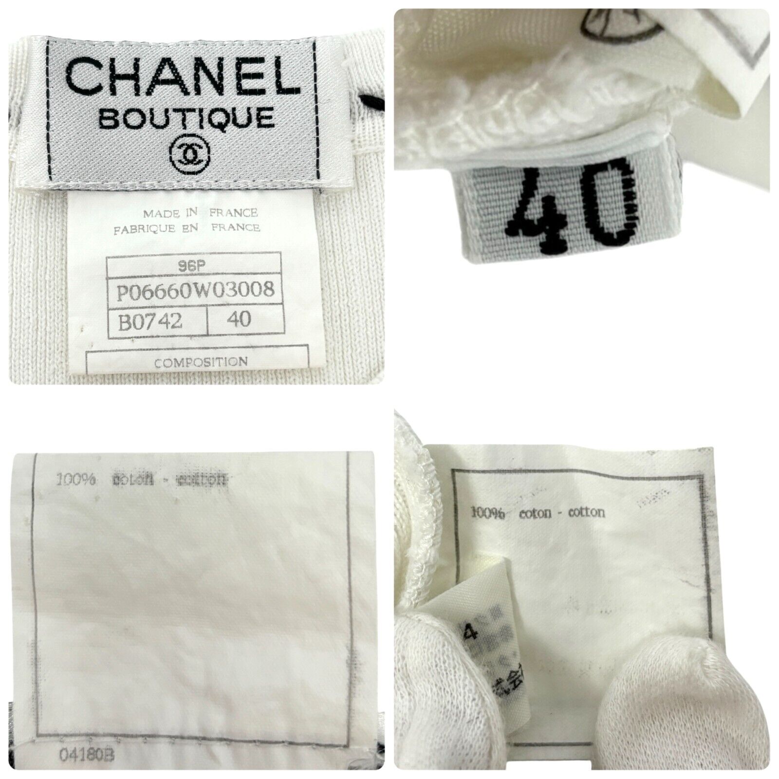 CHANEL Vintage 96P CC Logo Knit Tank Top #40 White Black Cotton Stitch