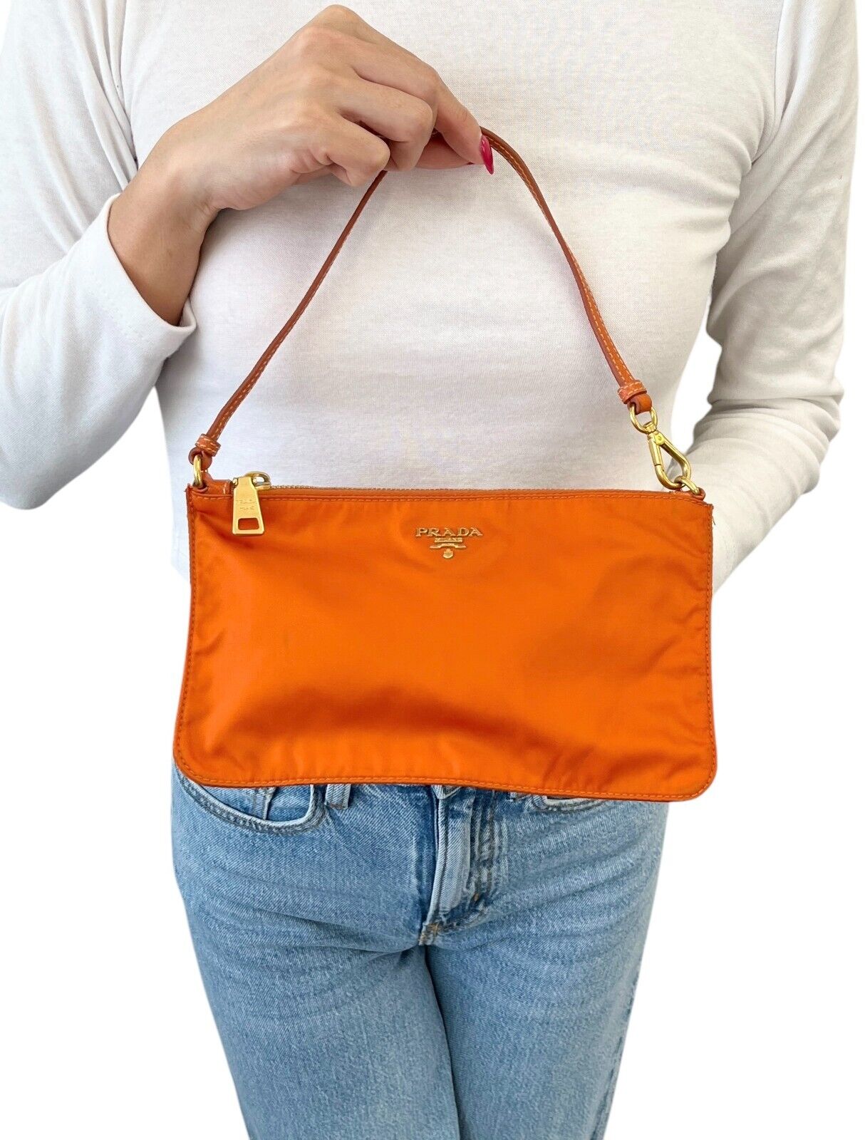 PRADA Vintage Logo Mini Shoulder Bag Pochette Pouch Orange Nylon Zip Leather