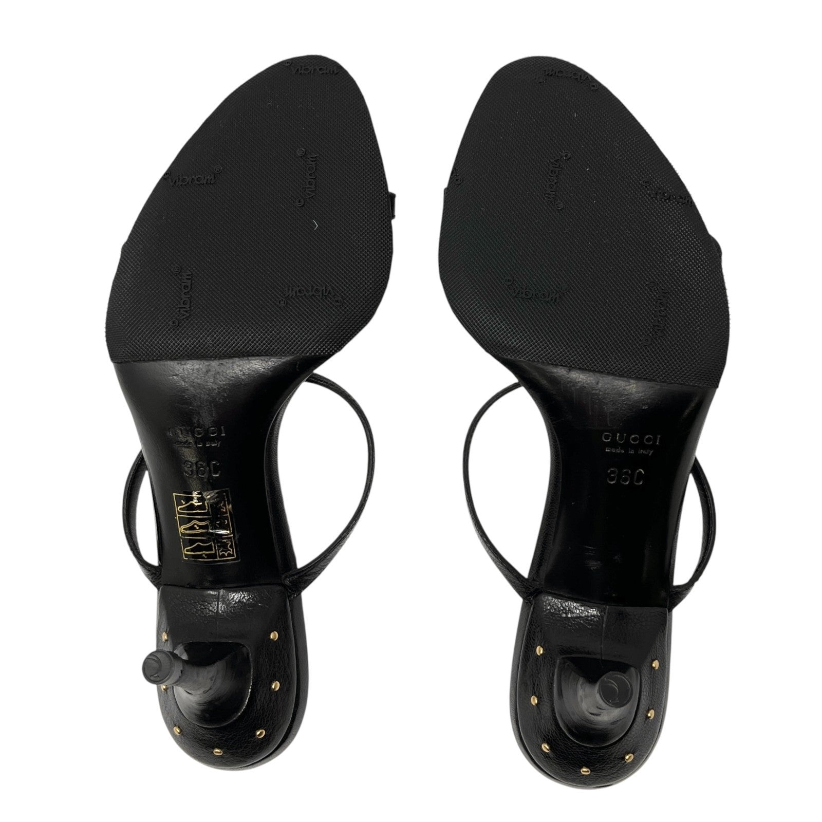 GUCCI Vintage GG Logo Slide Sandals Heels #36 Studs Stiletto Black Gold Leather