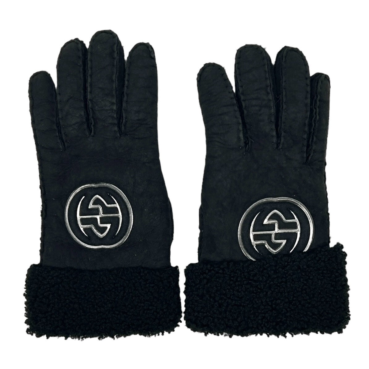 GUCCI Vintage GG Interlocking Logo Gloves #7.5 Black Silver Leather RankAB