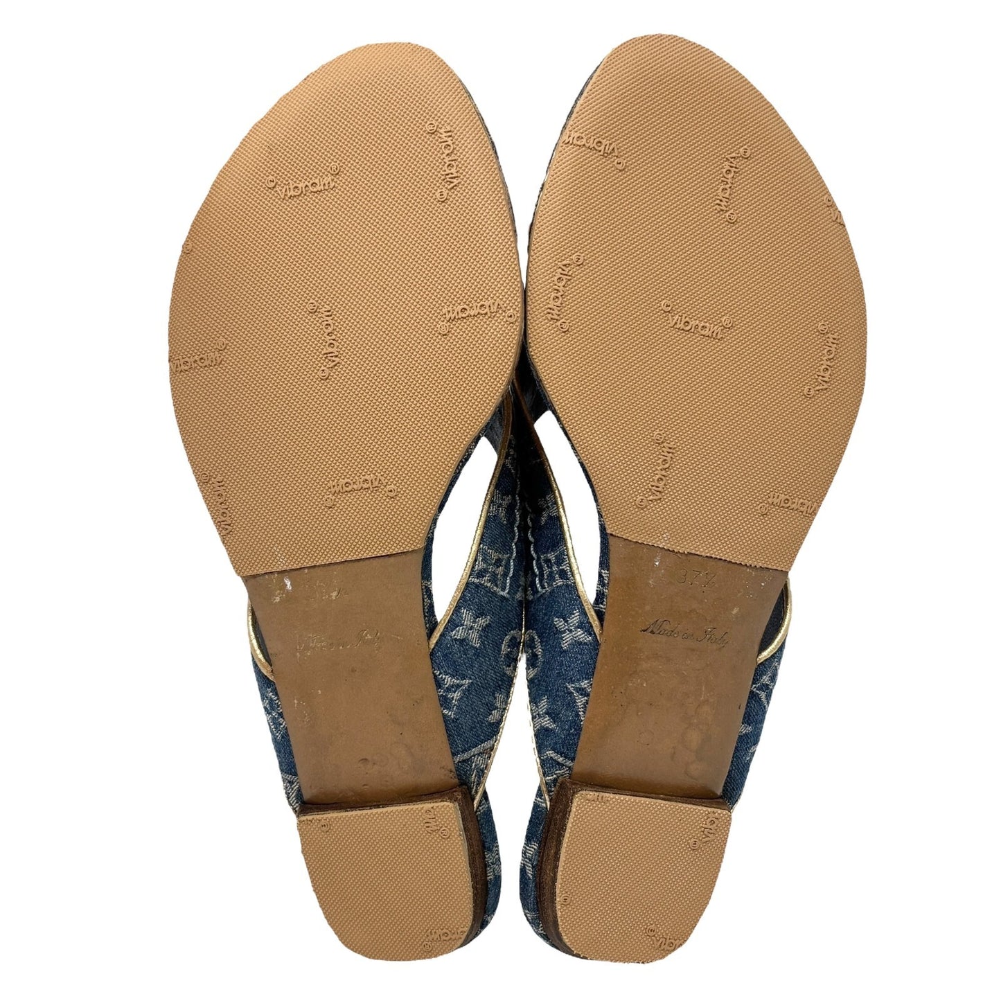 LOUIS VUITTON Vintage LV Monogram Denim Thong Sandals #37.5 Blue Gold Flower