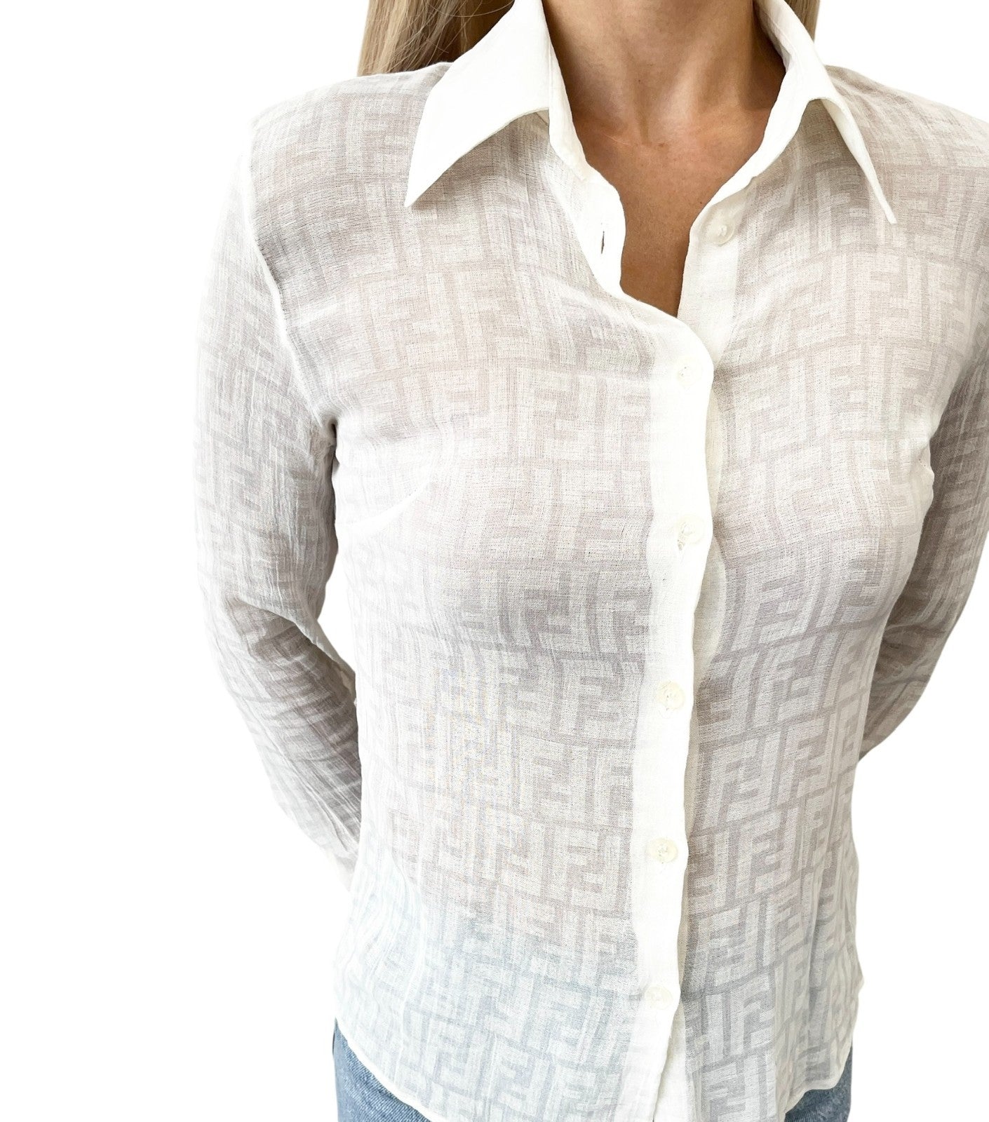 FENDI Vintage Zucca Monogram See-through Top Shirt Blouse #40 Beige White Cotton
