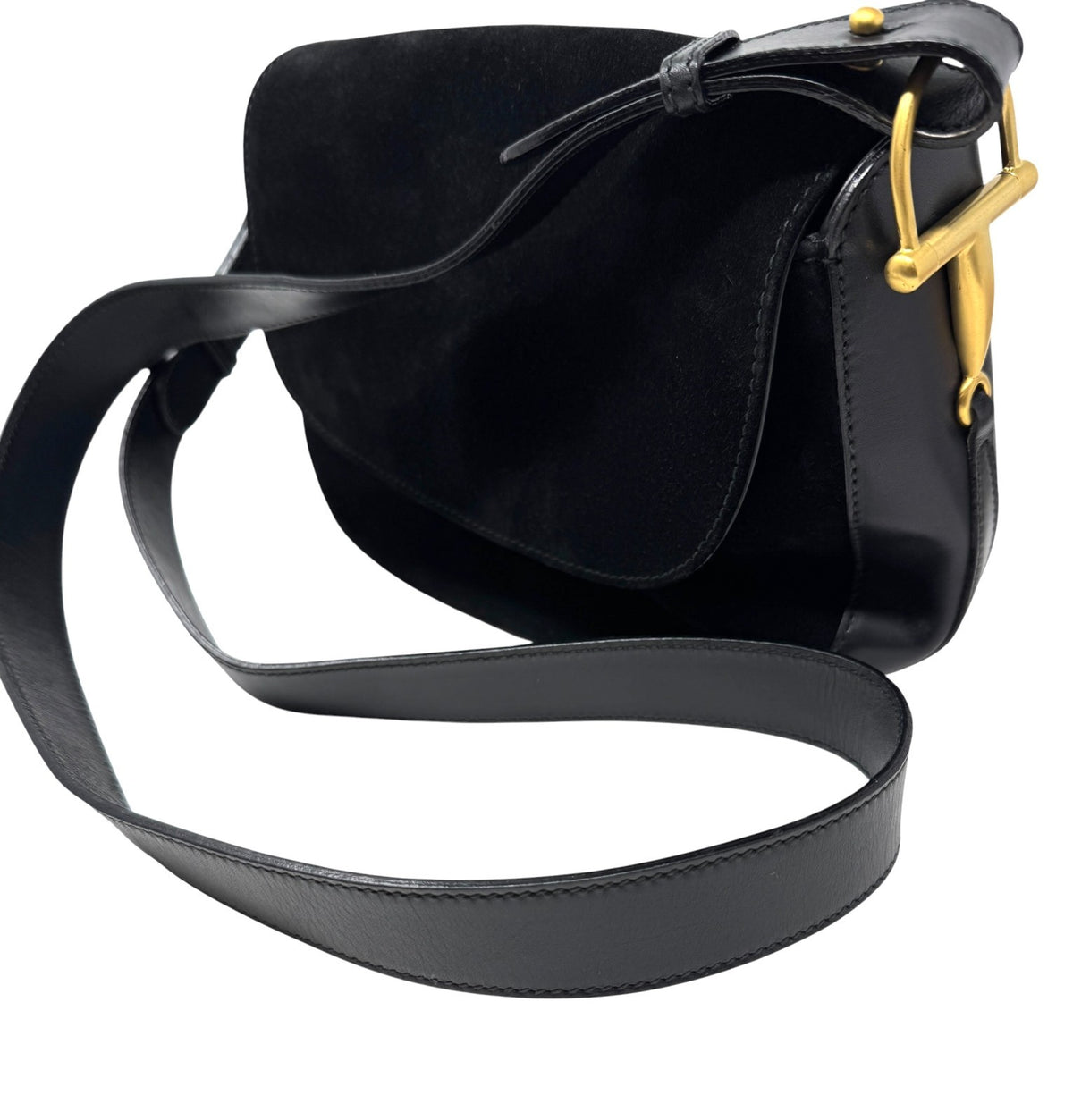GUCCI Vintage Horsebit Crossbody Shoulder Bag Black Gold Suede Leather 902330