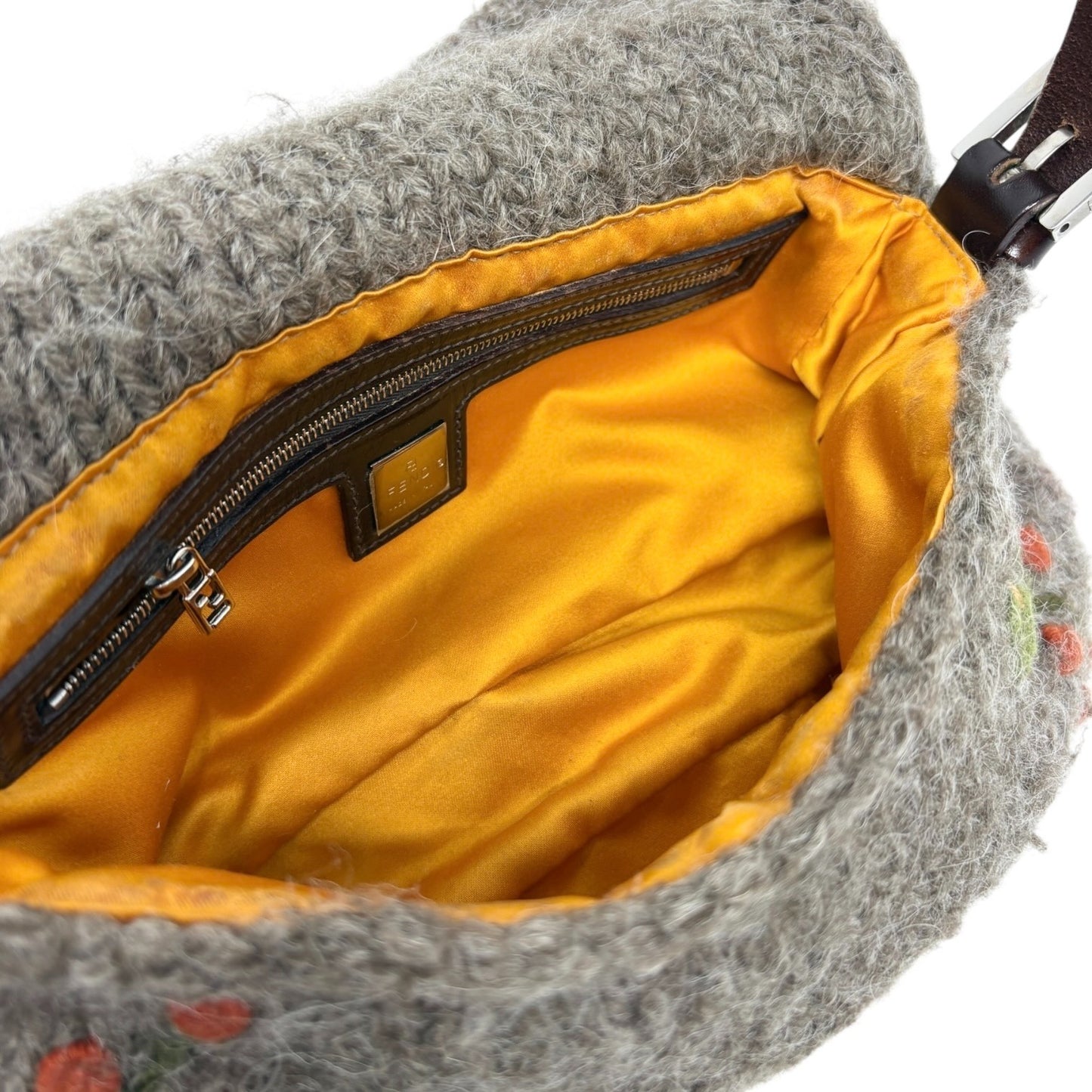 FENDI Vintage FF Mamma Baguette Wool Knit Shoulder Bag Gray Brown Flower