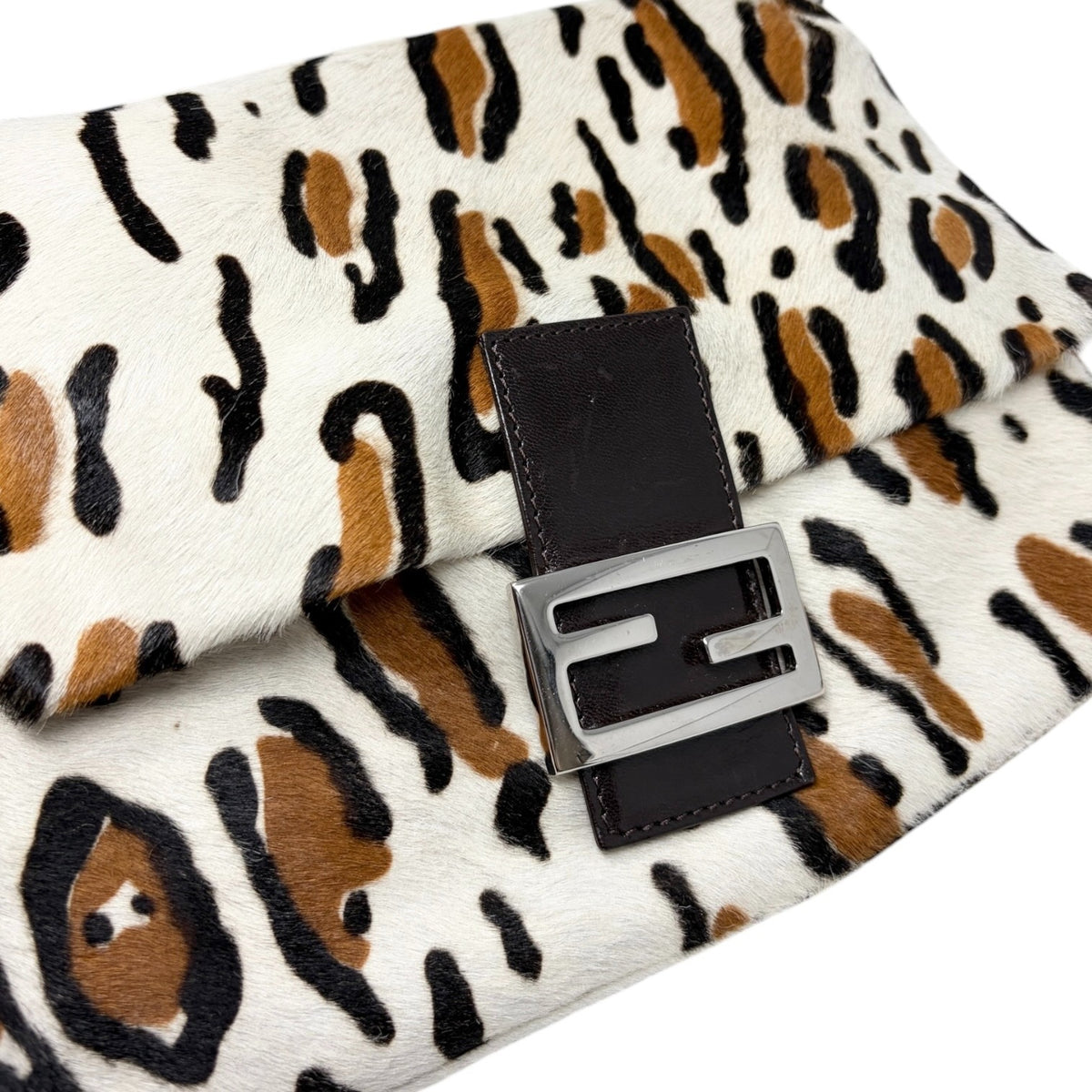 FENDI Vintage FF Leopard Mamma Baguette Bag Pony Calf Hair Ivory Brown 902818