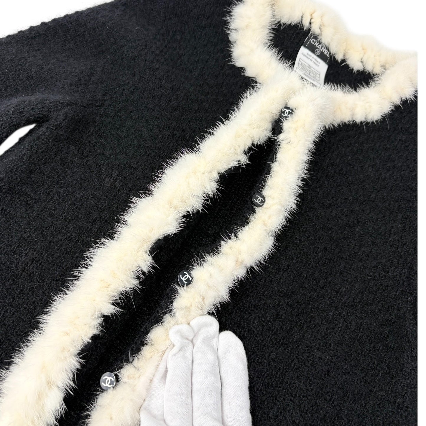 CHANEL Vintage 03A CC Logo Button Fur Trim Knit Jacket #42 Black White Mohair