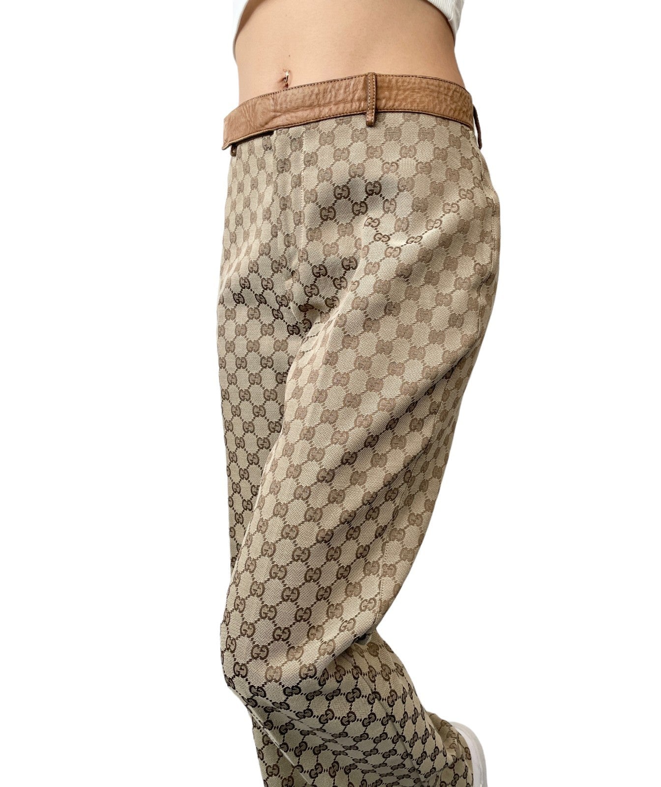 GUCCI Vintage GG Logo Jacquard Canvas Belted Tapered Cropped Pants #38 Beige
