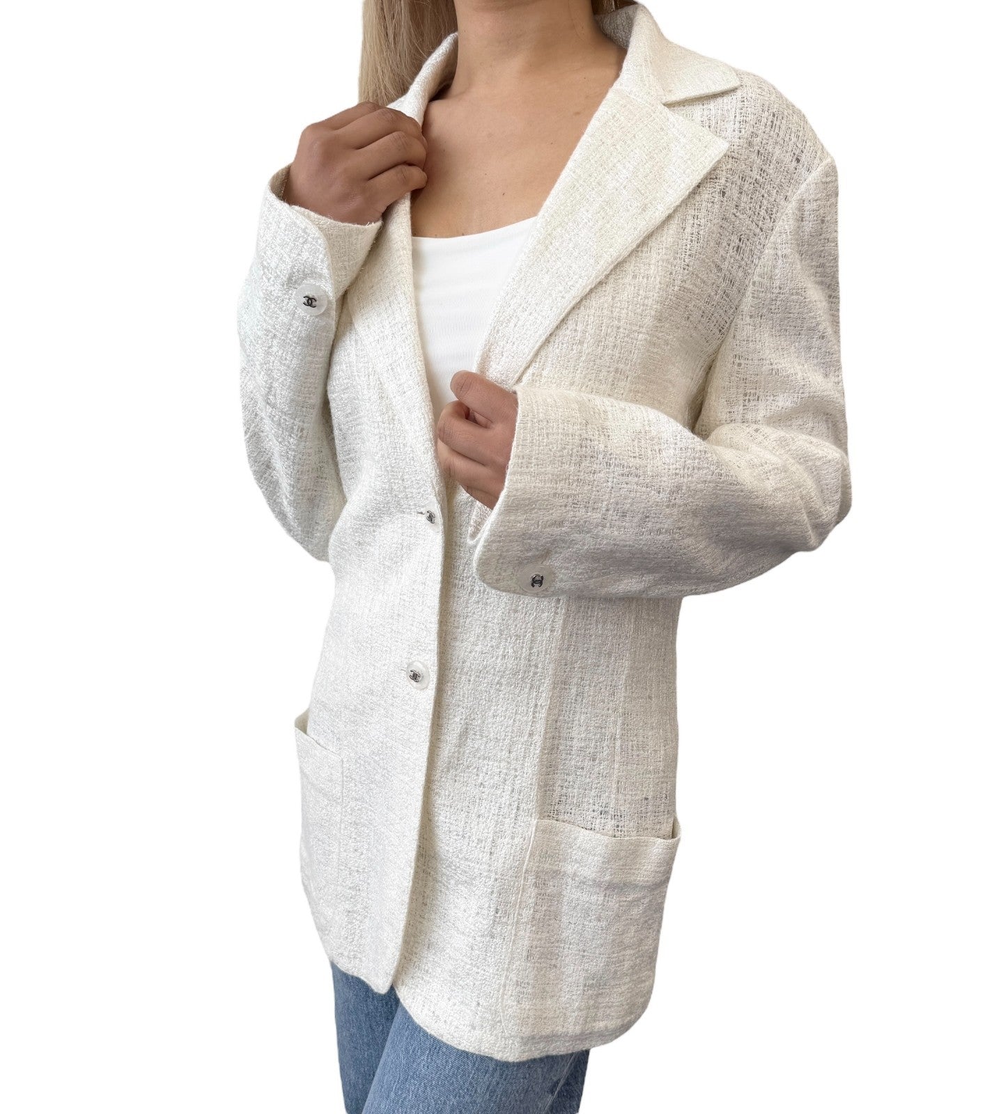 CHANEL Vintage 98P CC Logo Button Boucle Tweed Blazer Jacket #38 White Silver