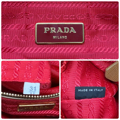 PRADA Vintage Triangle Logo Raffia Canapa Tote Bag Red Beige Gold Crochet 901970
