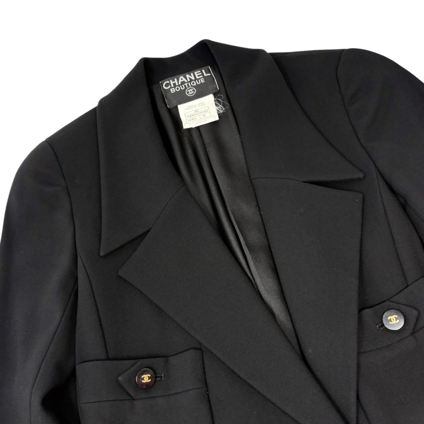 CHANEL Vintage 97C CC Logo Button Blazer Jacket #36 Black Gold Wool