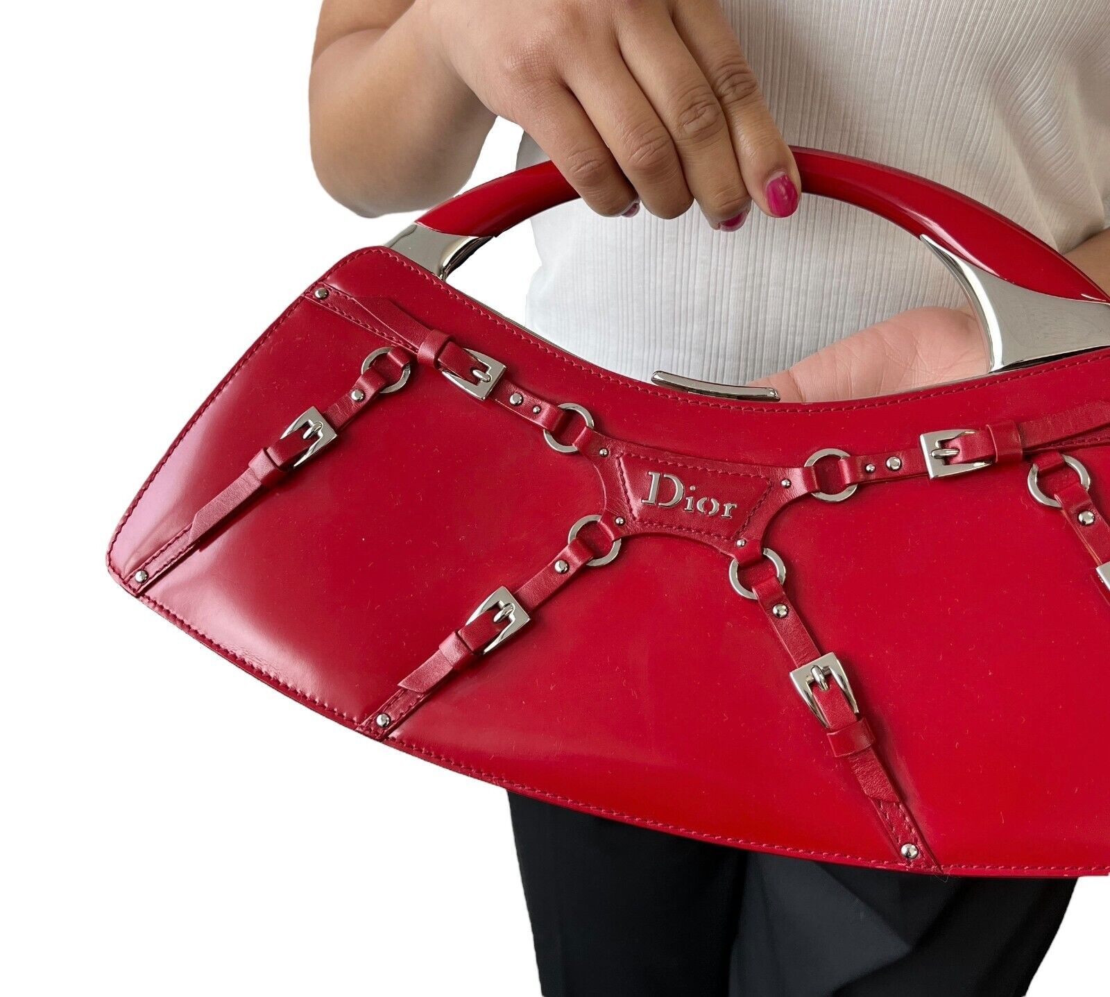 Christian Dior Vintage Logo Bondage Top Handle Bag Red Silver Leather Rank AB