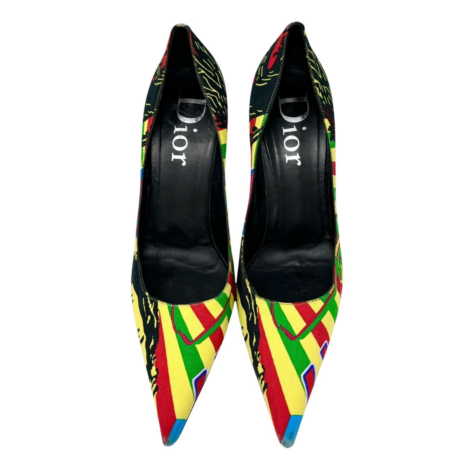 Dior Vintage 2004 Rasta Mania Pumps Heels #39.5 US 9.5 Multicolor Cotton Rank AB