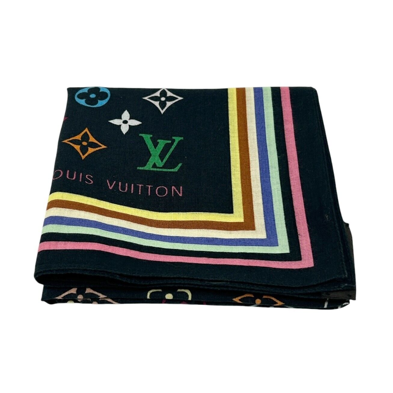LOUIS VUITTON Vintage LV Logo Monogram Multicolor Scarf Wrap Shawl Black