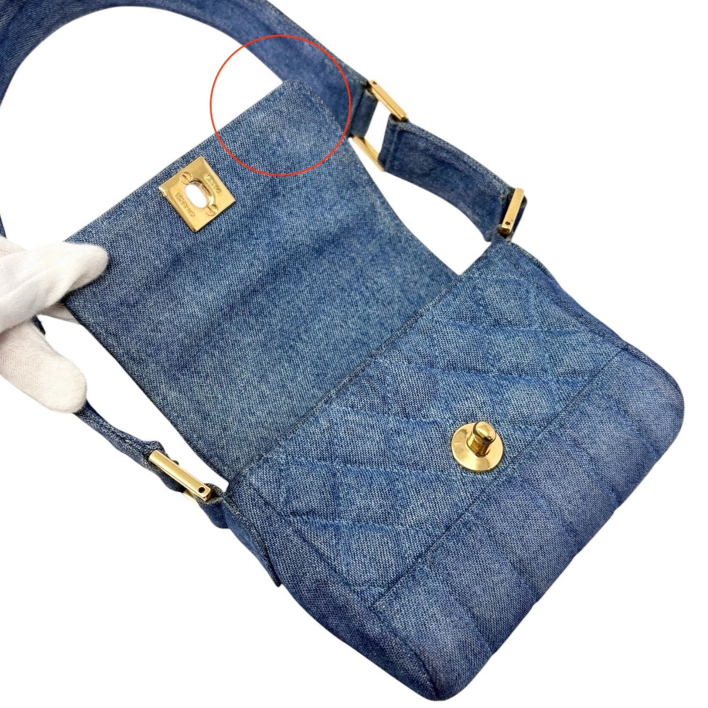 CHANEL Vintage CC Logo Turnlock Quilted Denim Flap Shoulder Bag Blue Gold