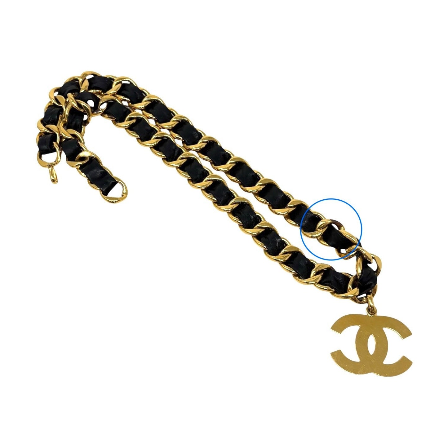 CHANEL Vintage CC Logo Chain Belt Accessory Gold Black Metal Leather 901898