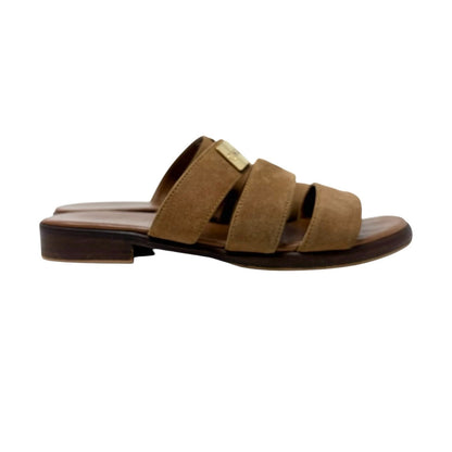 CHANEL Vintage CC Logo Flat Slide Sandals #36 Brown Gold Leather Suede 901945