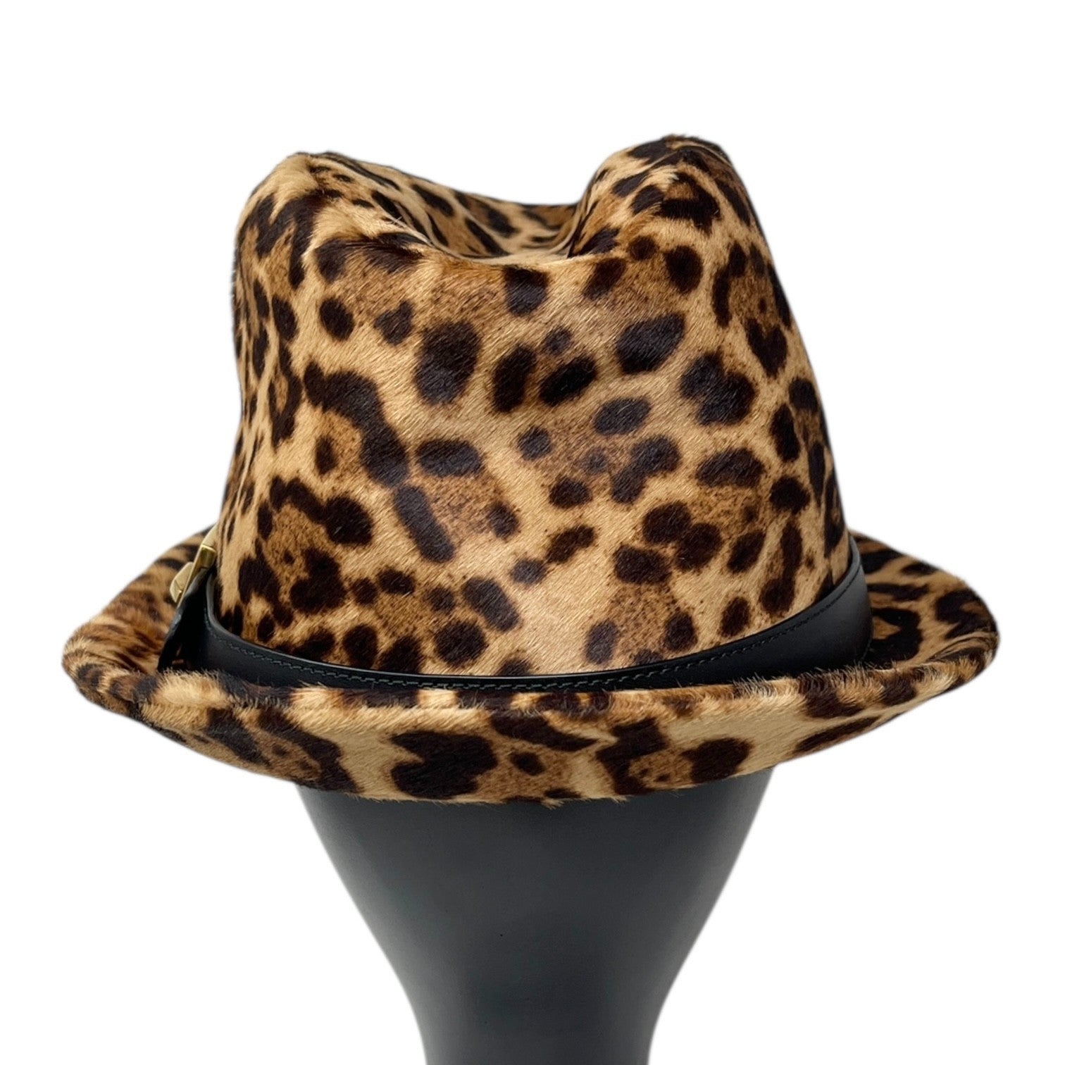 GUCCI Vintage Logo Leopard Pony Calf Hair Hat #M Beige Brown Cotton Belt