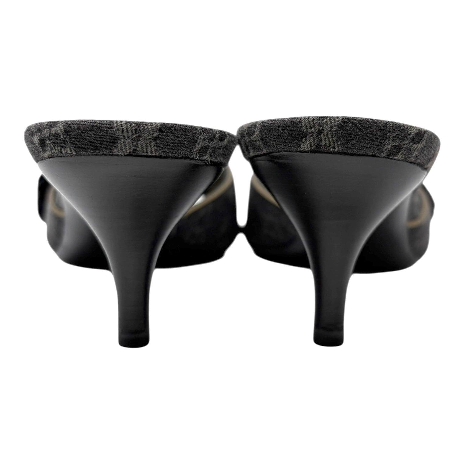 LOUIS VUITTON Vintage Monogram Denim Heels Sandals #36.5 Black Gold Corsage