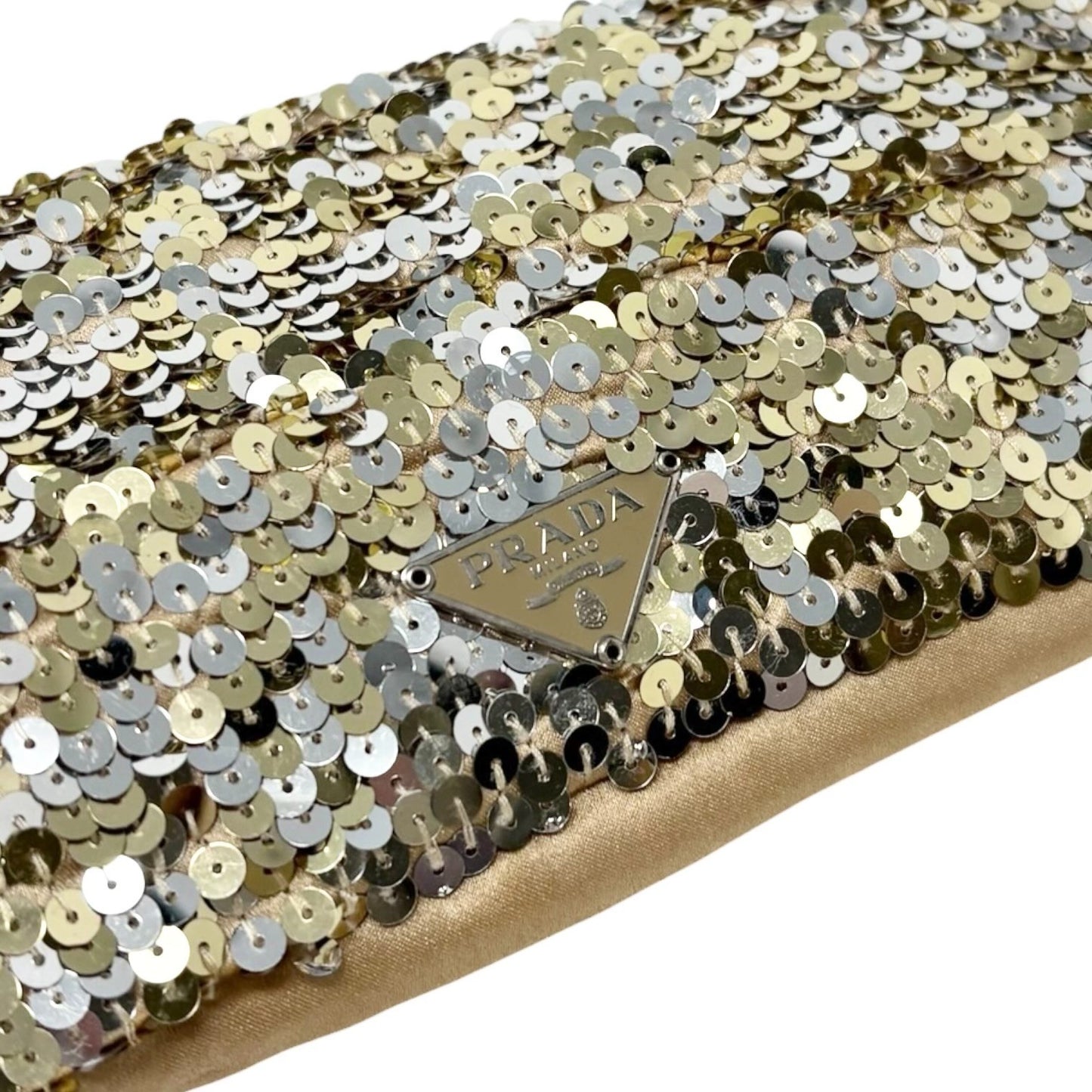 PRADA Vintage Triangle Logo Sequins Shoulder Bag Pochette Handbag Gold 902280