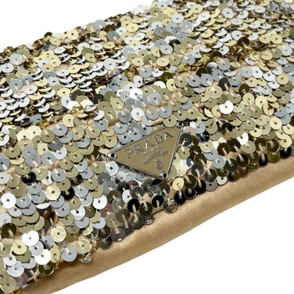 PRADA Vintage Triangle Logo Sequins Shoulder Bag Pochette Handbag Gold 902280