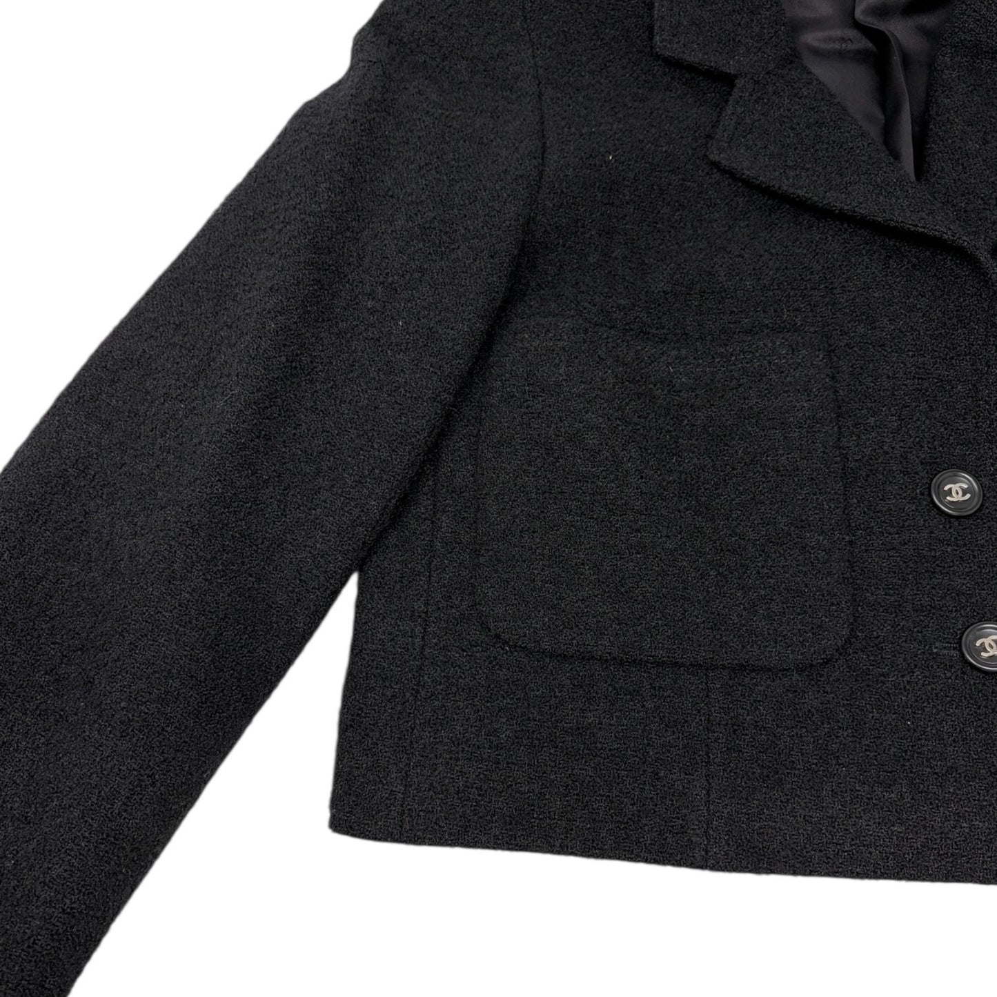 CHANEL Vintage 96P CC Logo Button Cropped Blazer Jacket #38 Black Silver