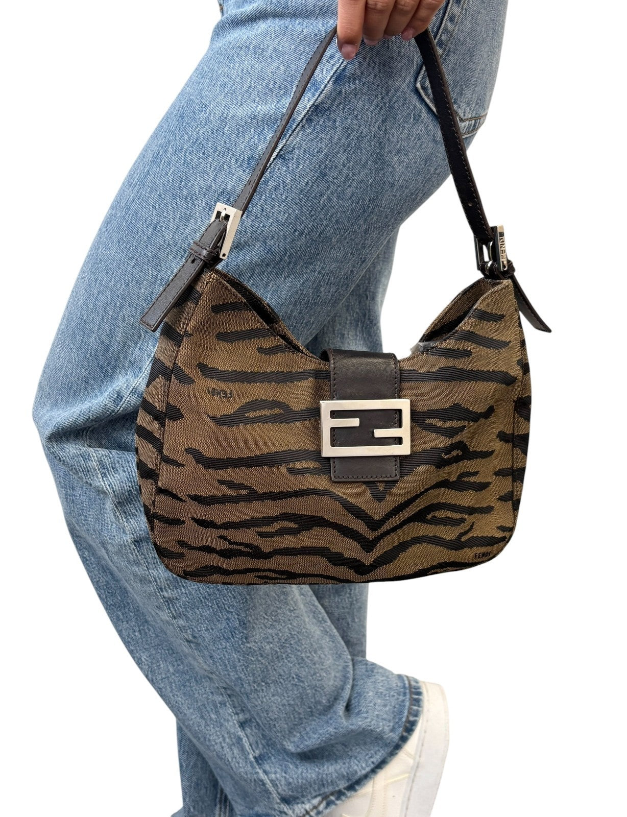 FENDI Vintage FF Logo Mamma Baguette Hobo Shoulder Bag Brown Cotton 902574