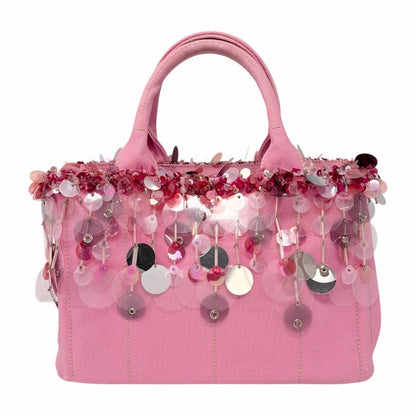 PRADA Vintage Triangle Logo Canapa Sequin Beads Hand bag Pink Canvas 902371