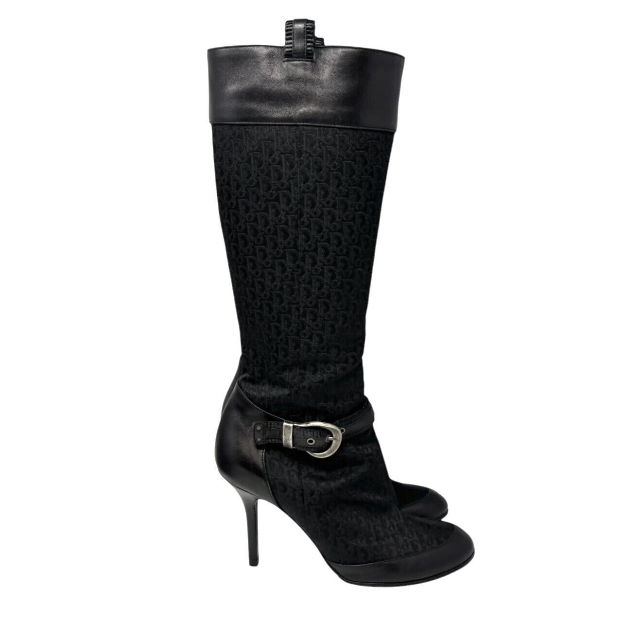 Dior Vintage Trotter Monogram Long Boots Heels #38.5 Black Silver Canvas