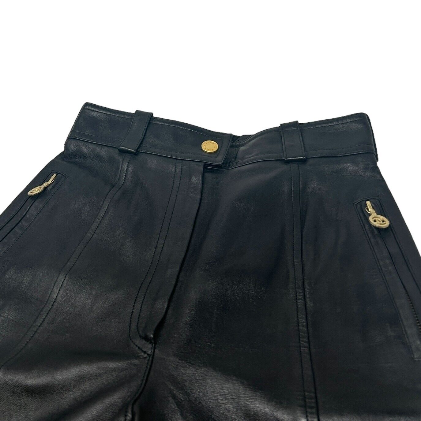 CHANEL Vintage 93A Coco Mark Logo Pants #38 Black Gold Zip Leather Rank AB