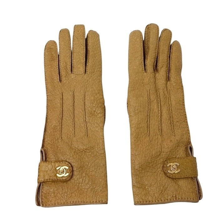 CHANEL Vintage CC Mark Logo Gloves Turn Lock #7.5 Leather Light Brown Gold