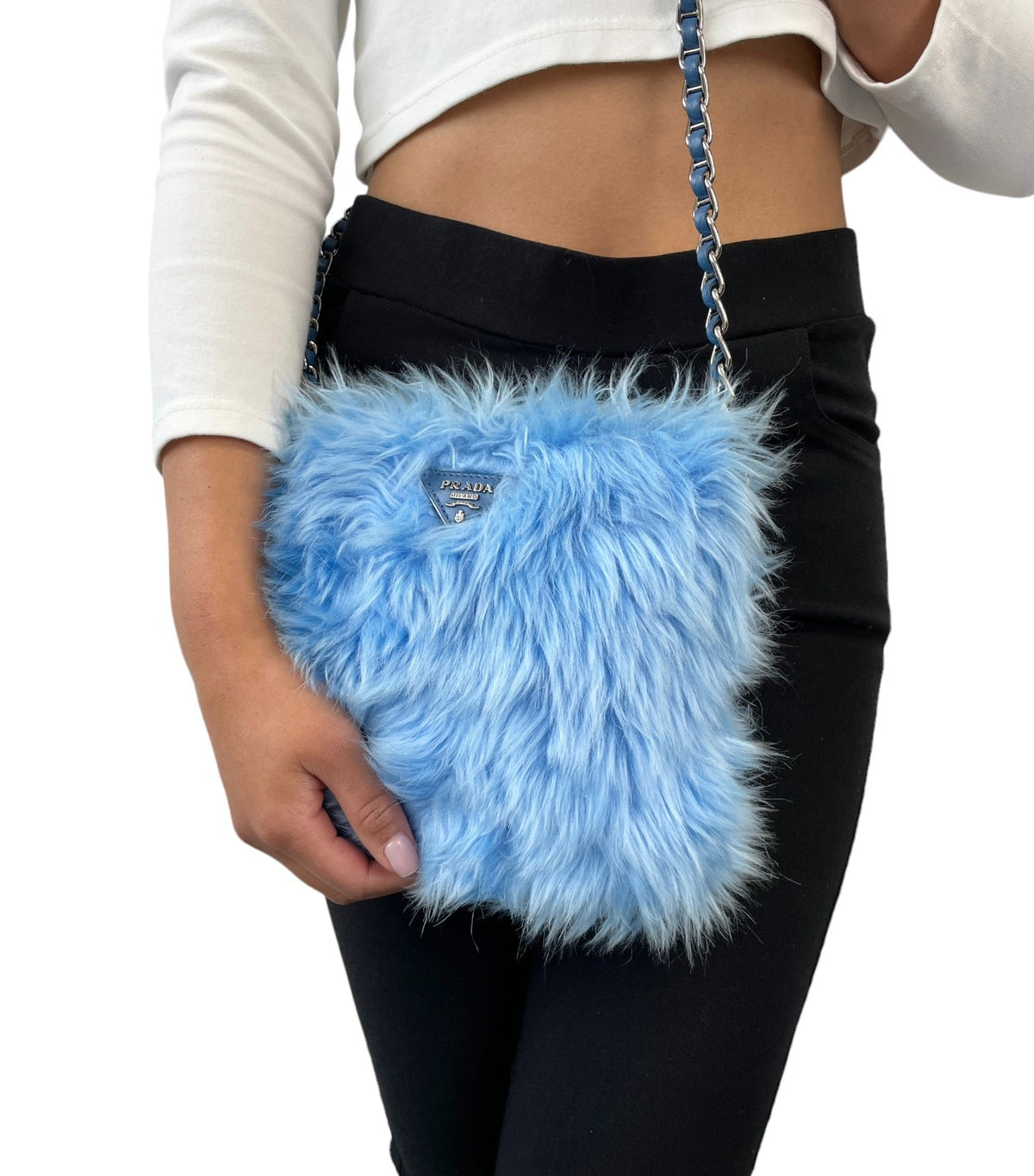 PRADA Vintage Logo Pelliccia Chain Shoulder Bag Mini Pouch Blue Faux Fur 902321