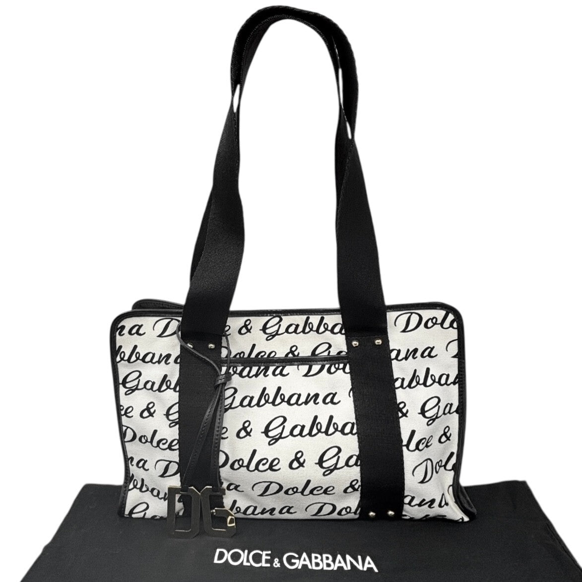 DOLCE&GABBANA Vintage D&G Logo Shoulder Bag White Black Gold Canvas Leather