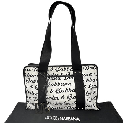 DOLCE&GABBANA Vintage D&G Logo Shoulder Bag White Black Gold Canvas Leather