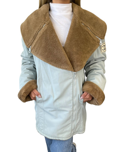 CHANEL Sport Vintage 01A CC Fur Collar Coat Jacket #38 Light Blue Brown 902901