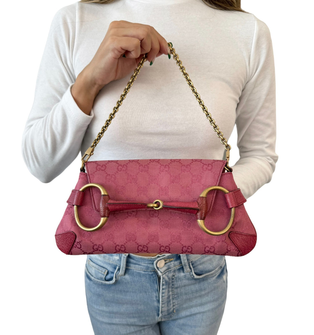 GUCCI Vintage GG Monogram Horsebit Chain Shoulder Bag Pochette Pink 902381
