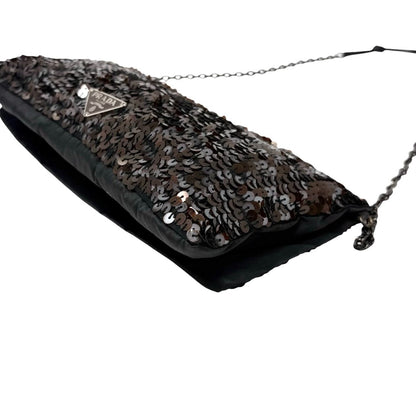 PRADA Vintage Triangle Logo Sequins Shoulder Bag Pochette Handbag Brown 902281
