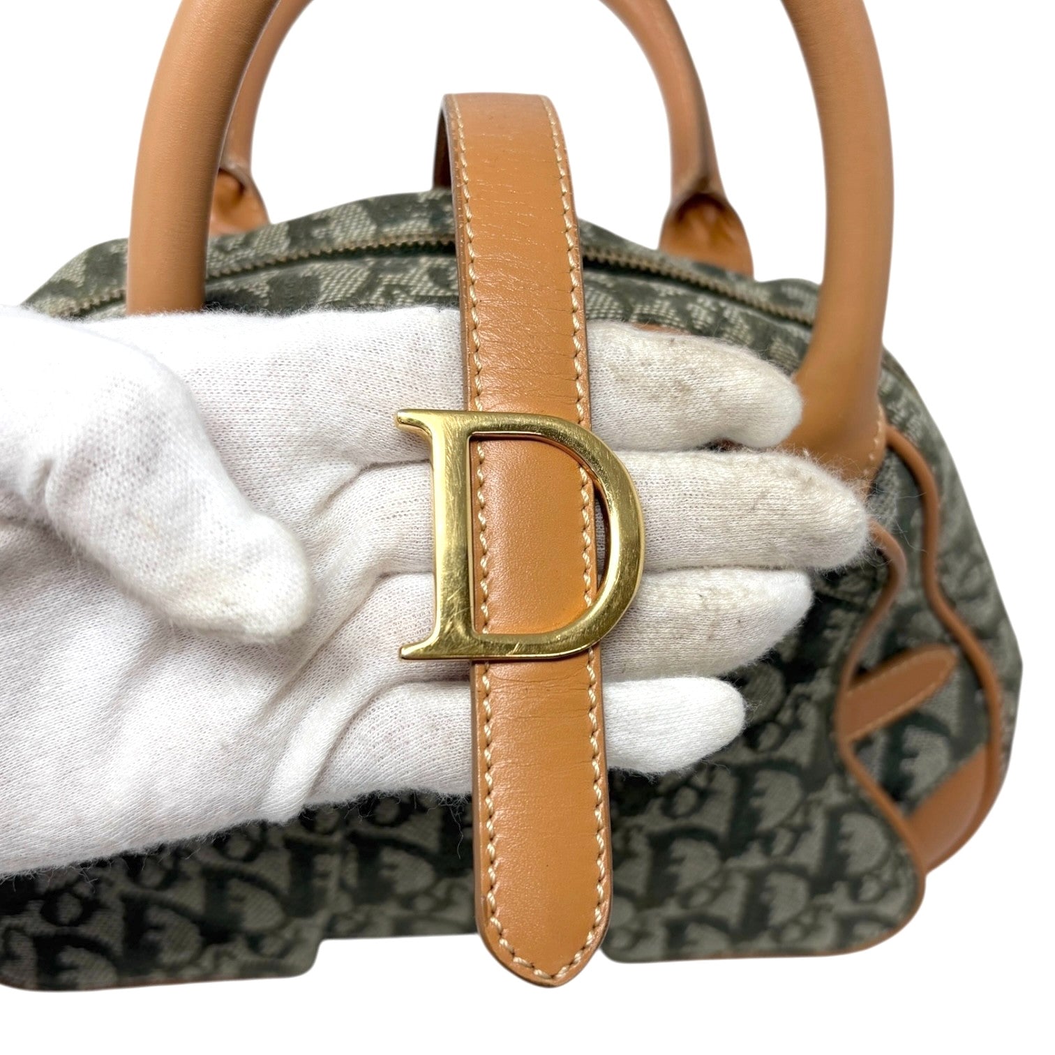 Christian Dior Vintage 2001 Logo Trotter Double Saddle Bag Green Beige Cotton