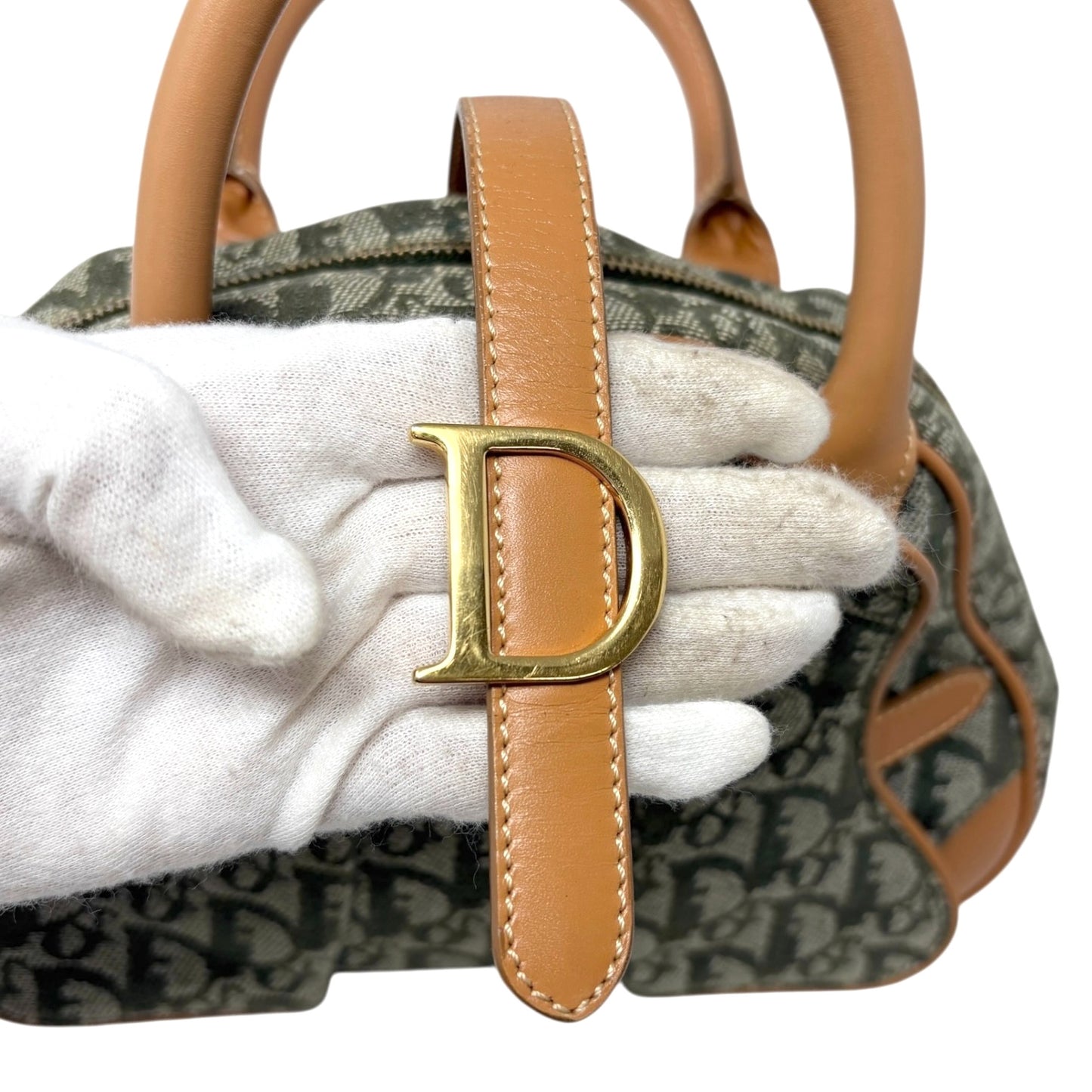 Christian Dior Vintage 2001 Logo Trotter Double Saddle Bag Green Beige Cotton