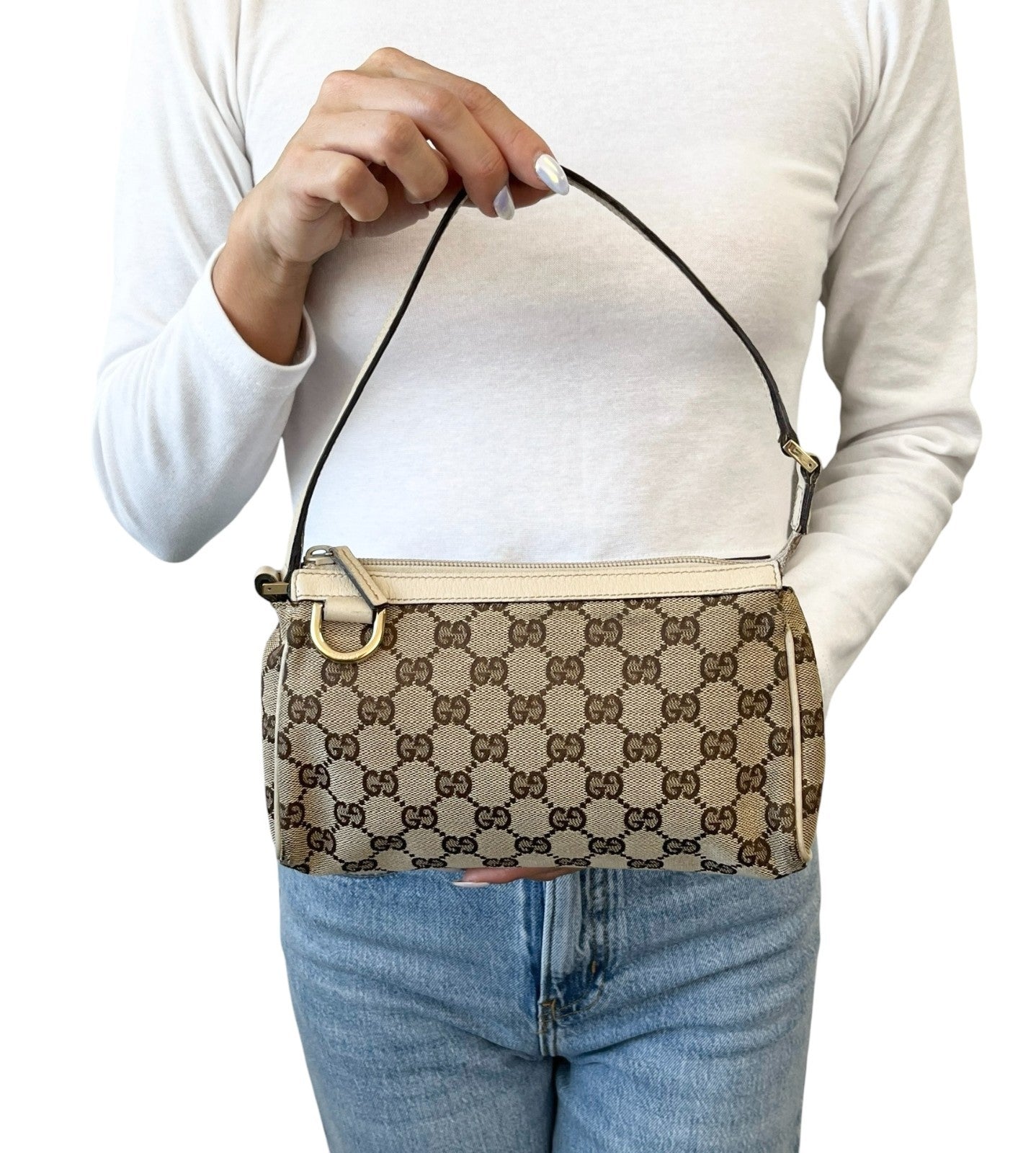 GUCCI Vintage GG Monogram Abbey Logo Mini Shoulder Bag White Brown Canvas